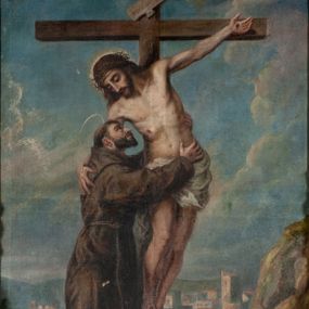 Zdjęcie nr 1: Obraz w kształcie stojącego prostokąta ukazuje wizję św. Franciszka. Święty obejmuje ciało wiszacego na krzyżu Chrystusa. W tle widok Jerozolimy. W prawym dolnym rogu sygnatura "m[alował] X[iądz] D[oktor] J[ózef] K[aczmarczyk] / 1907".