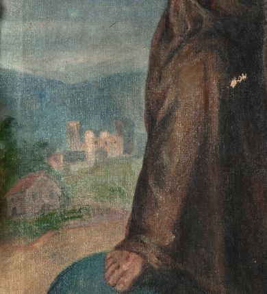 Zdjęcie nr 6: Obraz w kształcie stojącego prostokąta ukazuje wizję św. Franciszka. Święty obejmuje ciało wiszacego na krzyżu Chrystusa. W tle widok Jerozolimy. W prawym dolnym rogu sygnatura "m[alował] X[iądz] D[oktor] J[ózef] K[aczmarczyk] / 1907".