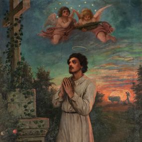 Zdjęcie nr 1: Obraz w kształcie stojącego prostokąta ukazuje klęczącego przed kapliczką św. Izydora. Mężczyzna jest ubrany w białą chłopską tunikę i spodnie odsłaniające bose stopy, z rękoma złożonymi w geście modlitwy. Jego twarz ukazana w trzech czwartych, z krótkim zarostem i bujnymi, czarnymi włosami. Kapliczka stojąca w krzaku róż w kształcie krzyża na podwójnym postumencie z reliefowo ukazaną postacią kobiecą na jednym boku. Na ziemi leży sierp i kapelusz. W tle widoczny zaprzęg z wołów prowadzony przez anioła na tle zachodzącego słońca. Nad świętym dwa anioły trzymające palmę męczeństwa. Lazurowe niebo rozświetlone czerwonymi smugami słońca. 
