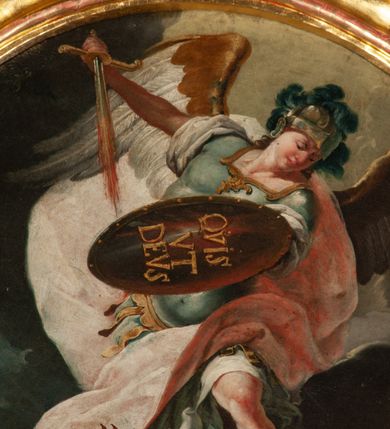 Zdjęcie nr 3: Obraz owalny ukazuje archanioła Michała z tarczą i mieczem depczącego leżącego na ziemi diabła. 