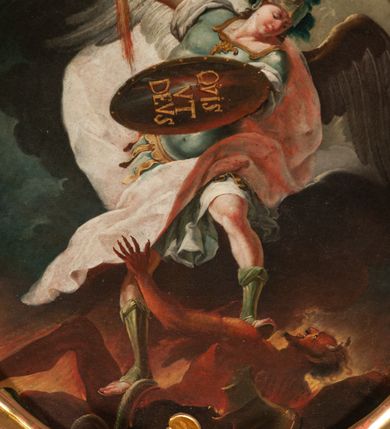 Zdjęcie nr 2: Obraz owalny ukazuje archanioła Michała z tarczą i mieczem depczącego leżącego na ziemi diabła. 