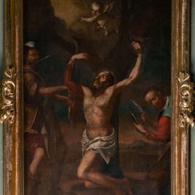 Zdjęcie nr 1: Obraz w kształcie stojącego prostokąta ukazuje przywiązanego do drzewa św. Bartłomieja obdzieranego ze skóry przez dwóch oprawców. 
