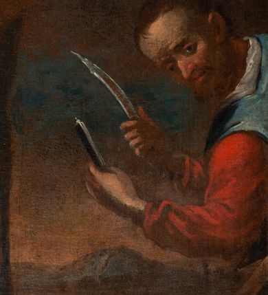 Zdjęcie nr 4: Obraz w kształcie stojącego prostokąta ukazuje przywiązanego do drzewa św. Bartłomieja obdzieranego ze skóry przez dwóch oprawców. 