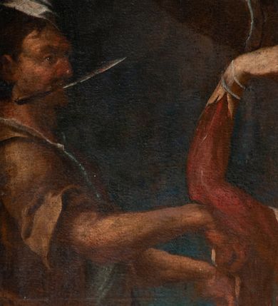 Zdjęcie nr 7: Obraz w kształcie stojącego prostokąta ukazuje przywiązanego do drzewa św. Bartłomieja obdzieranego ze skóry przez dwóch oprawców. 