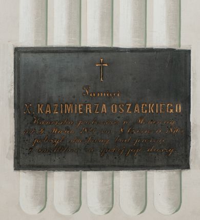 Zdjęcie nr 1: Epitafium w formie leżącego prostokąta z inskrypcją: &quot;Pamięci / X(iędza) KAZIMIERZA OSZACKIEGO / Kanonika proboszcza w Morawicy / ur(odzonego) 4 Marca 1826 zm(arłego) 8 Czerwca 1876 r(oku) / położył stroskany brat prosząc / o modlitwę za spokój jego duszy.&quot; 