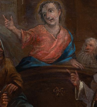 Zdjęcie nr 27: Kosz ambony na rzucie czworoboku, o bokach lekko wypukłych, wsparty na piramidalnym cokole z szyszką ujętą liśćmi. Kosz podzielony szerokimi, kanelowanymi spływami i zwieńczony gzymsem. Na ściance frontowej płaskorzeźbiona figura Chrystusa błogosławiącego trzymany w ręku bochenek chleba. Zaplecek flankowany profilowanymi listwami z kampanulami zakończonymi ulistnionymi konsolkami, pośrodku obraz w kształcie stojącego prostokąta zamkniętego łukiem półkolistym, nadwieszonym z przedstawieniem Jezusa wśród mędrców. Baldachim powielający rzut kosza, profilowany, ujęty impostami, zwieńczony czterema esowato wygiętymi i łączącymi się górą kabłąkami. Na podniebieniu baldachimu gołębica Ducha Świętego ,a tle promieni. Na nich figura Chrystusa Zmartwychwstałego, ukazanego w całej postaci, w kontrapoście, z płaszczem na plecach osłaniającym biodro. Prawą rękę unosi w geście błogosławieństwa, w lewej trzyma chorągiew. 