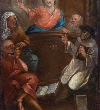 Zdjęcie nr 28: Kosz ambony na rzucie czworoboku, o bokach lekko wypukłych, wsparty na piramidalnym cokole z szyszką ujętą liśćmi. Kosz podzielony szerokimi, kanelowanymi spływami i zwieńczony gzymsem. Na ściance frontowej płaskorzeźbiona figura Chrystusa błogosławiącego trzymany w ręku bochenek chleba. Zaplecek flankowany profilowanymi listwami z kampanulami zakończonymi ulistnionymi konsolkami, pośrodku obraz w kształcie stojącego prostokąta zamkniętego łukiem półkolistym, nadwieszonym z przedstawieniem Jezusa wśród mędrców. Baldachim powielający rzut kosza, profilowany, ujęty impostami, zwieńczony czterema esowato wygiętymi i łączącymi się górą kabłąkami. Na podniebieniu baldachimu gołębica Ducha Świętego ,a tle promieni. Na nich figura Chrystusa Zmartwychwstałego, ukazanego w całej postaci, w kontrapoście, z płaszczem na plecach osłaniającym biodro. Prawą rękę unosi w geście błogosławieństwa, w lewej trzyma chorągiew. 