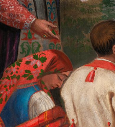 Zdjęcie nr 13: Fresk wkomponowany w arkadę zamkniętą półkoliście, w ścianie południowej prezbiterium, nad portalem do aneksu. Ukazuje siedzącą na tronie Matkę Boską z Dzieciątkiem na kolanach oraz klęczących i stojących przed nią od lewej proboszcza Józefa Krzemińskiego, rodzinę w stroju ludowym, Izabelę i Felicjana Szybalskich oraz chłopca z chorągwią w ręku. 