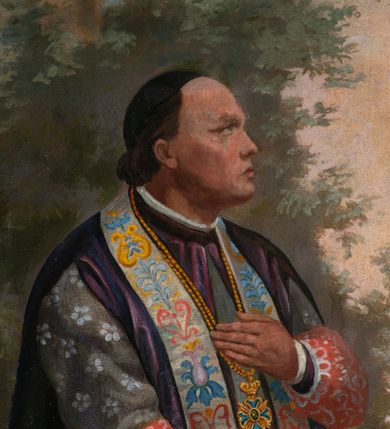 Zdjęcie nr 2: Fresk wkomponowany w arkadę zamkniętą półkoliście, w ścianie południowej prezbiterium, nad portalem do aneksu. Ukazuje siedzącą na tronie Matkę Boską z Dzieciątkiem na kolanach oraz klęczących i stojących przed nią od lewej proboszcza Józefa Krzemińskiego, rodzinę w stroju ludowym, Izabelę i Felicjana Szybalskich oraz chłopca z chorągwią w ręku. 