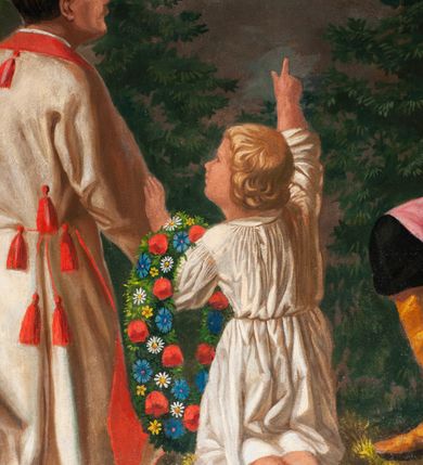 Zdjęcie nr 34: Fresk wkomponowany w arkadę zamkniętą półkoliście, w ścianie południowej prezbiterium, nad portalem do aneksu. Ukazuje siedzącą na tronie Matkę Boską z Dzieciątkiem na kolanach oraz klęczących i stojących przed nią od lewej proboszcza Józefa Krzemińskiego, rodzinę w stroju ludowym, Izabelę i Felicjana Szybalskich oraz chłopca z chorągwią w ręku. 