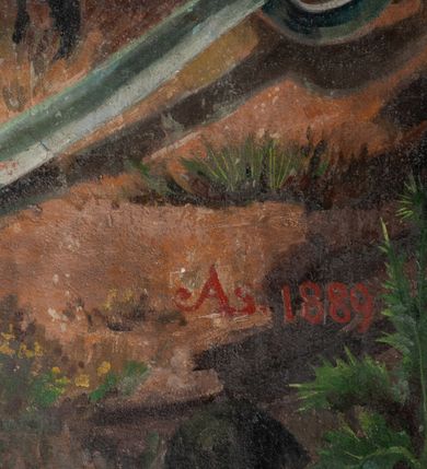 Zdjęcie nr 36: Fresk wkomponowany w arkadę zamkniętą półkoliście, w ścianie południowej prezbiterium, nad portalem do aneksu. Ukazuje siedzącą na tronie Matkę Boską z Dzieciątkiem na kolanach oraz klęczących i stojących przed nią od lewej proboszcza Józefa Krzemińskiego, rodzinę w stroju ludowym, Izabelę i Felicjana Szybalskich oraz chłopca z chorągwią w ręku. 