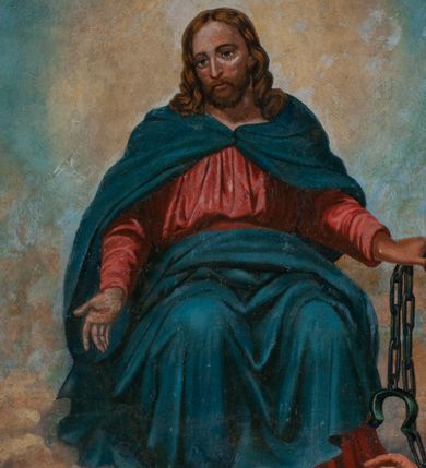 Zdjęcie nr 5: Fresk wkomponowany w arkadę zamkniętą półkoliście, w ścianie południowej prezbiterium, nad portalem do aneksu. Ukazuje siedzącą na tronie Matkę Boską z Dzieciątkiem na kolanach oraz klęczących i stojących przed nią od lewej proboszcza Józefa Krzemińskiego, rodzinę w stroju ludowym, Izabelę i Felicjana Szybalskich oraz chłopca z chorągwią w ręku. 