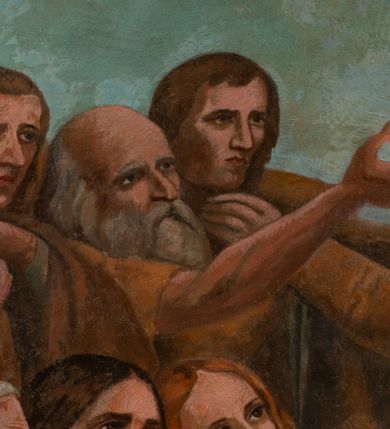 Zdjęcie nr 8: Fresk wkomponowany w arkadę zamkniętą półkoliście, w ścianie południowej prezbiterium, nad portalem do aneksu. Ukazuje siedzącą na tronie Matkę Boską z Dzieciątkiem na kolanach oraz klęczących i stojących przed nią od lewej proboszcza Józefa Krzemińskiego, rodzinę w stroju ludowym, Izabelę i Felicjana Szybalskich oraz chłopca z chorągwią w ręku. 