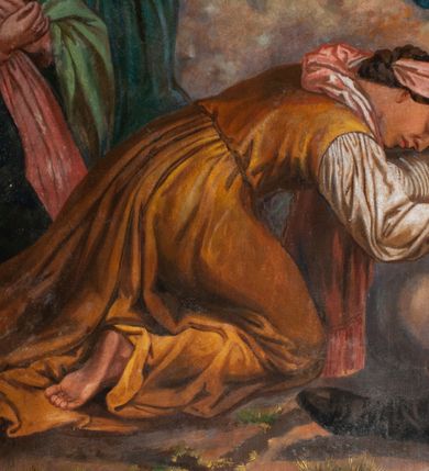 Zdjęcie nr 9: Fresk wkomponowany w arkadę zamkniętą półkoliście, w ścianie południowej prezbiterium, nad portalem do aneksu. Ukazuje siedzącą na tronie Matkę Boską z Dzieciątkiem na kolanach oraz klęczących i stojących przed nią od lewej proboszcza Józefa Krzemińskiego, rodzinę w stroju ludowym, Izabelę i Felicjana Szybalskich oraz chłopca z chorągwią w ręku. 