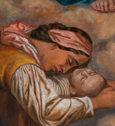 Zdjęcie nr 10: Fresk wkomponowany w arkadę zamkniętą półkoliście, w ścianie południowej prezbiterium, nad portalem do aneksu. Ukazuje siedzącą na tronie Matkę Boską z Dzieciątkiem na kolanach oraz klęczących i stojących przed nią od lewej proboszcza Józefa Krzemińskiego, rodzinę w stroju ludowym, Izabelę i Felicjana Szybalskich oraz chłopca z chorągwią w ręku. 