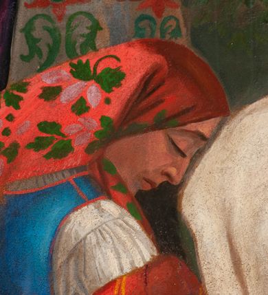 Zdjęcie nr 11: Fresk wkomponowany w arkadę zamkniętą półkoliście, w ścianie południowej prezbiterium, nad portalem do aneksu. Ukazuje siedzącą na tronie Matkę Boską z Dzieciątkiem na kolanach oraz klęczących i stojących przed nią od lewej proboszcza Józefa Krzemińskiego, rodzinę w stroju ludowym, Izabelę i Felicjana Szybalskich oraz chłopca z chorągwią w ręku. 