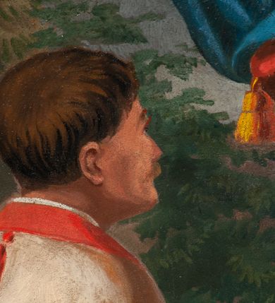 Zdjęcie nr 12: Fresk wkomponowany w arkadę zamkniętą półkoliście, w ścianie południowej prezbiterium, nad portalem do aneksu. Ukazuje siedzącą na tronie Matkę Boską z Dzieciątkiem na kolanach oraz klęczących i stojących przed nią od lewej proboszcza Józefa Krzemińskiego, rodzinę w stroju ludowym, Izabelę i Felicjana Szybalskich oraz chłopca z chorągwią w ręku. 