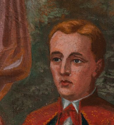 Zdjęcie nr 16: Fresk wkomponowany w arkadę zamkniętą półkoliście, w ścianie południowej prezbiterium, nad portalem do aneksu. Ukazuje siedzącą na tronie Matkę Boską z Dzieciątkiem na kolanach oraz klęczących i stojących przed nią od lewej proboszcza Józefa Krzemińskiego, rodzinę w stroju ludowym, Izabelę i Felicjana Szybalskich oraz chłopca z chorągwią w ręku. 