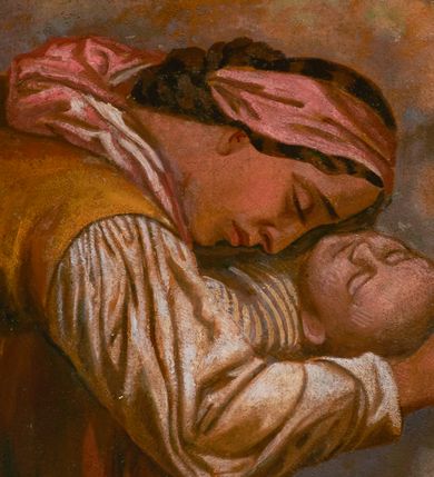 Zdjęcie nr 22: Fresk wkomponowany w arkadę zamkniętą półkoliście, w ścianie południowej prezbiterium, nad portalem do aneksu. Ukazuje siedzącą na tronie Matkę Boską z Dzieciątkiem na kolanach oraz klęczących i stojących przed nią od lewej proboszcza Józefa Krzemińskiego, rodzinę w stroju ludowym, Izabelę i Felicjana Szybalskich oraz chłopca z chorągwią w ręku. 