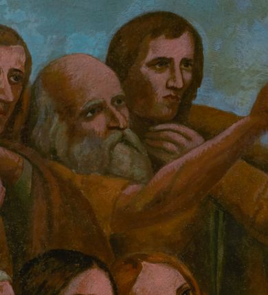 Zdjęcie nr 25: Fresk wkomponowany w arkadę zamkniętą półkoliście, w ścianie południowej prezbiterium, nad portalem do aneksu. Ukazuje siedzącą na tronie Matkę Boską z Dzieciątkiem na kolanach oraz klęczących i stojących przed nią od lewej proboszcza Józefa Krzemińskiego, rodzinę w stroju ludowym, Izabelę i Felicjana Szybalskich oraz chłopca z chorągwią w ręku. 