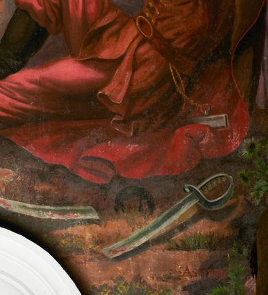 Zdjęcie nr 28: Fresk wkomponowany w arkadę zamkniętą półkoliście, w ścianie południowej prezbiterium, nad portalem do aneksu. Ukazuje siedzącą na tronie Matkę Boską z Dzieciątkiem na kolanach oraz klęczących i stojących przed nią od lewej proboszcza Józefa Krzemińskiego, rodzinę w stroju ludowym, Izabelę i Felicjana Szybalskich oraz chłopca z chorągwią w ręku. 