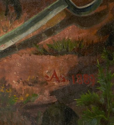 Zdjęcie nr 29: Fresk wkomponowany w arkadę zamkniętą półkoliście, w ścianie południowej prezbiterium, nad portalem do aneksu. Ukazuje siedzącą na tronie Matkę Boską z Dzieciątkiem na kolanach oraz klęczących i stojących przed nią od lewej proboszcza Józefa Krzemińskiego, rodzinę w stroju ludowym, Izabelę i Felicjana Szybalskich oraz chłopca z chorągwią w ręku. 