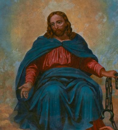 Zdjęcie nr 26: Fresk wkomponowany w arkadę zamkniętą półkoliście, w ścianie południowej prezbiterium, nad portalem do aneksu. Ukazuje siedzącą na tronie Matkę Boską z Dzieciątkiem na kolanach oraz klęczących i stojących przed nią od lewej proboszcza Józefa Krzemińskiego, rodzinę w stroju ludowym, Izabelę i Felicjana Szybalskich oraz chłopca z chorągwią w ręku. 