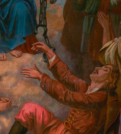 Zdjęcie nr 30: Fresk wkomponowany w arkadę zamkniętą półkoliście, w ścianie południowej prezbiterium, nad portalem do aneksu. Ukazuje siedzącą na tronie Matkę Boską z Dzieciątkiem na kolanach oraz klęczących i stojących przed nią od lewej proboszcza Józefa Krzemińskiego, rodzinę w stroju ludowym, Izabelę i Felicjana Szybalskich oraz chłopca z chorągwią w ręku. 