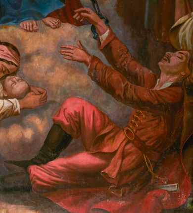 Zdjęcie nr 32: Fresk wkomponowany w arkadę zamkniętą półkoliście, w ścianie południowej prezbiterium, nad portalem do aneksu. Ukazuje siedzącą na tronie Matkę Boską z Dzieciątkiem na kolanach oraz klęczących i stojących przed nią od lewej proboszcza Józefa Krzemińskiego, rodzinę w stroju ludowym, Izabelę i Felicjana Szybalskich oraz chłopca z chorągwią w ręku. 