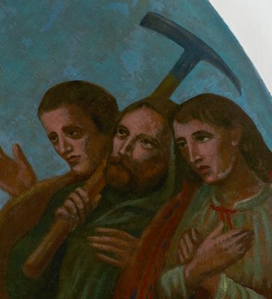 Zdjęcie nr 33: Fresk wkomponowany w arkadę zamkniętą półkoliście, w ścianie południowej prezbiterium, nad portalem do aneksu. Ukazuje siedzącą na tronie Matkę Boską z Dzieciątkiem na kolanach oraz klęczących i stojących przed nią od lewej proboszcza Józefa Krzemińskiego, rodzinę w stroju ludowym, Izabelę i Felicjana Szybalskich oraz chłopca z chorągwią w ręku. 