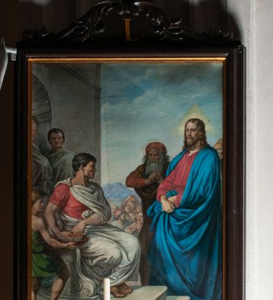 Zdjęcie nr 1: Stacje drogi krzyżowej tworzą jednorodny stylistycznie cykl obrazów wyróżniających się konwencjonalnym ujęciem scen, zróżnicowanymi pozami uczestników Pasji i ich dramatycznymi gestami, bogactwem kolorystycznym szat i dalekim, realistycznym krajobrazem. 