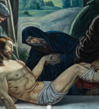 Zdjęcie nr 6: Stacje drogi krzyżowej tworzą jednorodny stylistycznie cykl obrazów wyróżniających się konwencjonalnym ujęciem scen, zróżnicowanymi pozami uczestników Pasji i ich dramatycznymi gestami, bogactwem kolorystycznym szat i dalekim, realistycznym krajobrazem. 