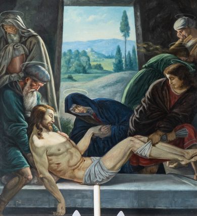 Zdjęcie nr 5: Stacje drogi krzyżowej tworzą jednorodny stylistycznie cykl obrazów wyróżniających się konwencjonalnym ujęciem scen, zróżnicowanymi pozami uczestników Pasji i ich dramatycznymi gestami, bogactwem kolorystycznym szat i dalekim, realistycznym krajobrazem. 