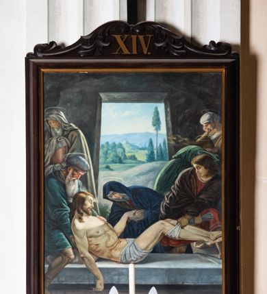 Zdjęcie nr 7: Stacje drogi krzyżowej tworzą jednorodny stylistycznie cykl obrazów wyróżniających się konwencjonalnym ujęciem scen, zróżnicowanymi pozami uczestników Pasji i ich dramatycznymi gestami, bogactwem kolorystycznym szat i dalekim, realistycznym krajobrazem. 