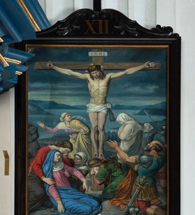 Zdjęcie nr 8: Stacje drogi krzyżowej tworzą jednorodny stylistycznie cykl obrazów wyróżniających się konwencjonalnym ujęciem scen, zróżnicowanymi pozami uczestników Pasji i ich dramatycznymi gestami, bogactwem kolorystycznym szat i dalekim, realistycznym krajobrazem. 