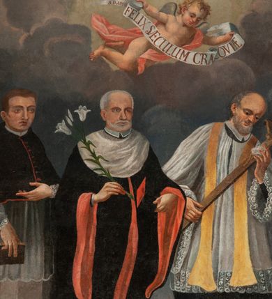 Zdjęcie nr 2: Obraz w kształcie stojącego prostokąta ukazuje sześciu świętych krakowskich żyjących w XV wieku: Michała Giedroycia, Izajasza Bonera, Jana Kantego, Władysława z Gielniowa, Szymona z Lipnicy i Stanisława Kazimierczyka. Święci ukazani frontalnie, całopostaciowo, w strojach zakonnych lub świeckich. Nad nimi unosi się anioł z banderolą, na której napis "A[NNO] D[OMINI] 1400 FELIX SECULUM CRACOVIAE". 