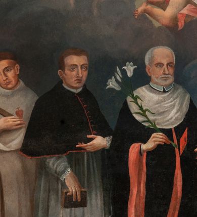 Zdjęcie nr 3: Obraz w kształcie stojącego prostokąta ukazuje sześciu świętych krakowskich żyjących w XV wieku: Michała Giedroycia, Izajasza Bonera, Jana Kantego, Władysława z Gielniowa, Szymona z Lipnicy i Stanisława Kazimierczyka. Święci ukazani frontalnie, całopostaciowo, w strojach zakonnych lub świeckich. Nad nimi unosi się anioł z banderolą, na której napis &quot;A[NNO] D[OMINI] 1400 FELIX SECULUM CRACOVIAE&quot;. 