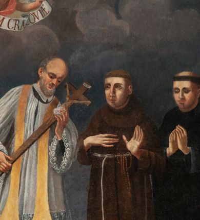 Zdjęcie nr 5: Obraz w kształcie stojącego prostokąta ukazuje sześciu świętych krakowskich żyjących w XV wieku: Michała Giedroycia, Izajasza Bonera, Jana Kantego, Władysława z Gielniowa, Szymona z Lipnicy i Stanisława Kazimierczyka. Święci ukazani frontalnie, całopostaciowo, w strojach zakonnych lub świeckich. Nad nimi unosi się anioł z banderolą, na której napis "A[NNO] D[OMINI] 1400 FELIX SECULUM CRACOVIAE". 