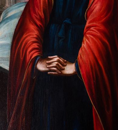 Zdjęcie nr 14: Ołtarz drewniany, prostopadłościenny z kamienną mensą, z kamiennym portatylem. Antepedium drewniane ujęte marmoryzowaną ramą z karbowanym profilem. W polu owalny medalion z przedstawieniem świętego z zakonu Marków, ujętym wicią akantową przeplatana z kwiatową. Nastawa ołtarzowa architektoniczna, jednoosiowa, jednokondygnacyjna ze zwieńczeniem na cokole.  Retabulum flankowane parą zdwojonych półfilarów zakończonych konsolami,  dźwigających pełne belkowanie oraz fragmenty przerwanego, półkolistego przyczółka z siedzącymi puttami. Na tle pilastrów, na konsolach ustawione figury dwóch świętych. Trzony pilastrów dekorowane kampanulami. W polu środkowym wnęka w formie stojącego prostokąta zamkniętego łukiem segmentowym nadwieszonego z uskokiem ujęta profilowaną ramą, z obrazem Wskrzeszenie Łazarza, w osobnej ramie. Nad wnęką baldachim dekorowany lambrekinem, z podwieszoną tkaniną po dwóch stronach, lamowaną frędzlą. Nam baldachimem kartusz z uskrzydlonymi główkami anielskimi i zwieńczony koroną. Zwieńczenie w formie zbliżonej do trapezu o wklęsłych bokach zamknięte falistym gzymsem, dekorowanym kampanulami. W polu gorejące serce przebite mieczem, w otoku z obłoków i uskrzydlonych główek anielskich, w glorii promienistej.  Struktura polichromowana w sposób imitujący marmoryzację w kolorze beżowo-zielonym. Ornamentyka i profile złocone, detal i zwieńczenie srebrzone.