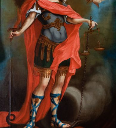 Zdjęcie nr 18: Ołtarz drewniany, prostopadłościenny z kamienną mensą, z kamiennym portatylem. Antepedium drewniane ujęte marmoryzowaną ramą z karbowanym profilem. W polu owalny medalion z przedstawieniem świętego z zakonu Marków, ujętym wicią akantową przeplatana z kwiatową. Nastawa ołtarzowa architektoniczna, jednoosiowa, jednokondygnacyjna ze zwieńczeniem na cokole.  Retabulum flankowane parą zdwojonych półfilarów zakończonych konsolami,  dźwigających pełne belkowanie oraz fragmenty przerwanego, półkolistego przyczółka z siedzącymi puttami. Na tle pilastrów, na konsolach ustawione figury dwóch świętych. Trzony pilastrów dekorowane kampanulami. W polu środkowym wnęka w formie stojącego prostokąta zamkniętego łukiem segmentowym nadwieszonego z uskokiem ujęta profilowaną ramą, z obrazem Wskrzeszenie Łazarza, w osobnej ramie. Nad wnęką baldachim dekorowany lambrekinem, z podwieszoną tkaniną po dwóch stronach, lamowaną frędzlą. Nam baldachimem kartusz z uskrzydlonymi główkami anielskimi i zwieńczony koroną. Zwieńczenie w formie zbliżonej do trapezu o wklęsłych bokach zamknięte falistym gzymsem, dekorowanym kampanulami. W polu gorejące serce przebite mieczem, w otoku z obłoków i uskrzydlonych główek anielskich, w glorii promienistej.  Struktura polichromowana w sposób imitujący marmoryzację w kolorze beżowo-zielonym. Ornamentyka i profile złocone, detal i zwieńczenie srebrzone.