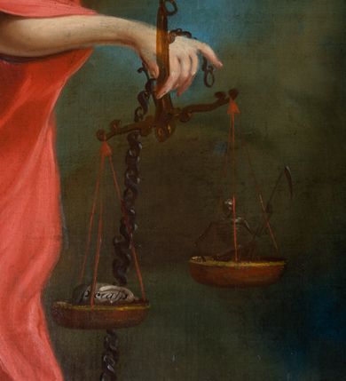 Zdjęcie nr 17: Ołtarz drewniany, prostopadłościenny z kamienną mensą, z kamiennym portatylem. Antepedium drewniane ujęte marmoryzowaną ramą z karbowanym profilem. W polu owalny medalion z przedstawieniem świętego z zakonu Marków, ujętym wicią akantową przeplatana z kwiatową. Nastawa ołtarzowa architektoniczna, jednoosiowa, jednokondygnacyjna ze zwieńczeniem na cokole.  Retabulum flankowane parą zdwojonych półfilarów zakończonych konsolami,  dźwigających pełne belkowanie oraz fragmenty przerwanego, półkolistego przyczółka z siedzącymi puttami. Na tle pilastrów, na konsolach ustawione figury dwóch świętych. Trzony pilastrów dekorowane kampanulami. W polu środkowym wnęka w formie stojącego prostokąta zamkniętego łukiem segmentowym nadwieszonego z uskokiem ujęta profilowaną ramą, z obrazem Wskrzeszenie Łazarza, w osobnej ramie. Nad wnęką baldachim dekorowany lambrekinem, z podwieszoną tkaniną po dwóch stronach, lamowaną frędzlą. Nam baldachimem kartusz z uskrzydlonymi główkami anielskimi i zwieńczony koroną. Zwieńczenie w formie zbliżonej do trapezu o wklęsłych bokach zamknięte falistym gzymsem, dekorowanym kampanulami. W polu gorejące serce przebite mieczem, w otoku z obłoków i uskrzydlonych główek anielskich, w glorii promienistej.  Struktura polichromowana w sposób imitujący marmoryzację w kolorze beżowo-zielonym. Ornamentyka i profile złocone, detal i zwieńczenie srebrzone.