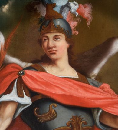 Zdjęcie nr 19: Ołtarz drewniany, prostopadłościenny z kamienną mensą, z kamiennym portatylem. Antepedium drewniane ujęte marmoryzowaną ramą z karbowanym profilem. W polu owalny medalion z przedstawieniem świętego z zakonu Marków, ujętym wicią akantową przeplatana z kwiatową. Nastawa ołtarzowa architektoniczna, jednoosiowa, jednokondygnacyjna ze zwieńczeniem na cokole.  Retabulum flankowane parą zdwojonych półfilarów zakończonych konsolami,  dźwigających pełne belkowanie oraz fragmenty przerwanego, półkolistego przyczółka z siedzącymi puttami. Na tle pilastrów, na konsolach ustawione figury dwóch świętych. Trzony pilastrów dekorowane kampanulami. W polu środkowym wnęka w formie stojącego prostokąta zamkniętego łukiem segmentowym nadwieszonego z uskokiem ujęta profilowaną ramą, z obrazem Wskrzeszenie Łazarza, w osobnej ramie. Nad wnęką baldachim dekorowany lambrekinem, z podwieszoną tkaniną po dwóch stronach, lamowaną frędzlą. Nam baldachimem kartusz z uskrzydlonymi główkami anielskimi i zwieńczony koroną. Zwieńczenie w formie zbliżonej do trapezu o wklęsłych bokach zamknięte falistym gzymsem, dekorowanym kampanulami. W polu gorejące serce przebite mieczem, w otoku z obłoków i uskrzydlonych główek anielskich, w glorii promienistej.  Struktura polichromowana w sposób imitujący marmoryzację w kolorze beżowo-zielonym. Ornamentyka i profile złocone, detal i zwieńczenie srebrzone.