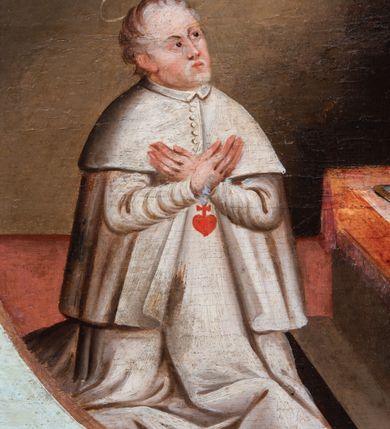 Zdjęcie nr 30: Ołtarz drewniany, prostopadłościenny z kamienną mensą, z kamiennym portatylem. Antepedium drewniane ujęte marmoryzowaną ramą z karbowanym profilem. W polu owalny medalion z przedstawieniem świętego z zakonu Marków, ujętym wicią akantową przeplatana z kwiatową. Nastawa ołtarzowa architektoniczna, jednoosiowa, jednokondygnacyjna ze zwieńczeniem na cokole.  Retabulum flankowane parą zdwojonych półfilarów zakończonych konsolami,  dźwigających pełne belkowanie oraz fragmenty przerwanego, półkolistego przyczółka z siedzącymi puttami. Na tle pilastrów, na konsolach ustawione figury dwóch świętych. Trzony pilastrów dekorowane kampanulami. W polu środkowym wnęka w formie stojącego prostokąta zamkniętego łukiem segmentowym nadwieszonego z uskokiem ujęta profilowaną ramą, z obrazem Wskrzeszenie Łazarza, w osobnej ramie. Nad wnęką baldachim dekorowany lambrekinem, z podwieszoną tkaniną po dwóch stronach, lamowaną frędzlą. Nam baldachimem kartusz z uskrzydlonymi główkami anielskimi i zwieńczony koroną. Zwieńczenie w formie zbliżonej do trapezu o wklęsłych bokach zamknięte falistym gzymsem, dekorowanym kampanulami. W polu gorejące serce przebite mieczem, w otoku z obłoków i uskrzydlonych główek anielskich, w glorii promienistej.  Struktura polichromowana w sposób imitujący marmoryzację w kolorze beżowo-zielonym. Ornamentyka i profile złocone, detal i zwieńczenie srebrzone.