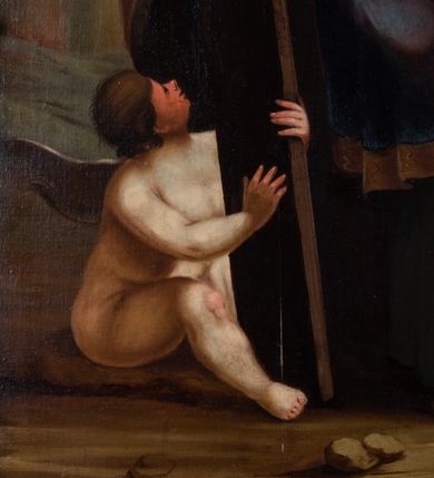 Zdjęcie nr 41: Ołtarz drewniany, prostopadłościenny z kamienną mensą, z kamiennym portatylem. Antepedium z prostokątną płyciną ujętą marmoryzowaną ramą ze złoconym karbowanym profilem. W polu przedstawienie świętej z aniołkiem podającym jej kosz kwiatów, flankowany akantową wicią akantową przeplataną z roślinną, na jasnoniebieskim tle, z datą „1754”. Nastawa ołtarzowa architektoniczna, jednoosiowa, jednokondygnacyjna ze zwieńczeniem na dwustrefowym cokole.  Retabulum flankowane parą opilastrowanych filarów, które dźwigają imposty oraz fragmenty przerwanego półkolistego przyczółka z siedzącymi puttami. Na tle filarów, na konsolach ustawione 2 figury św. Demetriusza i św. Selencjusza. Trzony pilastrów dekorowane zwisami kwiatowymi. W Polu środkowym wnęka w formie stojącego prostokąta zamkniętego łukiem segmentowym nadwieszonego z uskokiem ujęta profilowaną ramą, dekorowaną ornamentem roślinnym, z obrazem św. Heleny. Wnęka od dołu i góry flankowana ornamentem roślinnym i roccailem. Kondygnacja flankowana uszami utworzonymi z roccailu. Zwieńczenie w formie zbliżonej do trapezu o wklęsłych bokach zamknięte fragmentem gzymsu, wyłamanego na kształt łuku segmentowego nadwieszonego, z kartuszem z ornamentem roccailowym. W polu gorejące serce w otoku z obłoków i uskrzydlonych główek anielskich, w glorii promienistej.  Struktura polichromowana w sposób imitujący marmoryzację w kolorze beżowo-zielonym. Ornamentyka i profile złocone, detal i zwieńczenie srebrzone.