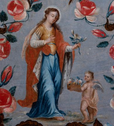 Zdjęcie nr 12: Ołtarz drewniany, prostopadłościenny z kamienną mensą, z kamiennym portatylem. Antepedium z prostokątną płyciną ujętą marmoryzowaną ramą ze złoconym karbowanym profilem. W polu przedstawienie świętej z aniołkiem podającym jej kosz kwiatów, flankowany akantową wicią akantową przeplataną z roślinną, na jasnoniebieskim tle, z datą „1754”. Nastawa ołtarzowa architektoniczna, jednoosiowa, jednokondygnacyjna ze zwieńczeniem na dwustrefowym cokole.  Retabulum flankowane parą opilastrowanych filarów, które dźwigają imposty oraz fragmenty przerwanego półkolistego przyczółka z siedzącymi puttami. Na tle filarów, na konsolach ustawione 2 figury św. Demetriusza i św. Selencjusza. Trzony pilastrów dekorowane zwisami kwiatowymi. W Polu środkowym wnęka w formie stojącego prostokąta zamkniętego łukiem segmentowym nadwieszonego z uskokiem ujęta profilowaną ramą, dekorowaną ornamentem roślinnym, z obrazem św. Heleny. Wnęka od dołu i góry flankowana ornamentem roślinnym i roccailem. Kondygnacja flankowana uszami utworzonymi z roccailu. Zwieńczenie w formie zbliżonej do trapezu o wklęsłych bokach zamknięte fragmentem gzymsu, wyłamanego na kształt łuku segmentowego nadwieszonego, z kartuszem z ornamentem roccailowym. W polu gorejące serce w otoku z obłoków i uskrzydlonych główek anielskich, w glorii promienistej.  Struktura polichromowana w sposób imitujący marmoryzację w kolorze beżowo-zielonym. Ornamentyka i profile złocone, detal i zwieńczenie srebrzone.