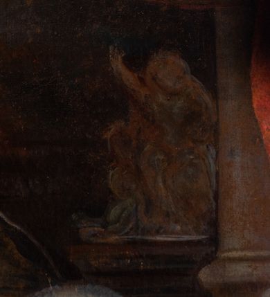 Zdjęcie nr 20: Ołtarz drewniany, prostopadłościenny z kamienną mensą, z kamiennym portatylem. Antepedium drewniane podzielone na trzy płyciny za pomocą pilastrów: w środkowej krzyż, kotwica i gorejące serce, w bocznych gorejące serce w koronie cierniowej i wieńcu z róż. Nastawa ołtarzowa architektoniczna, jednoosiowa, jednokondygnacyjna ze zwieńczeniem na cokole.  Retabulum flankowane parą zdwojonych pilastrów zakończonych konsolami,  które dźwigają pełne belkowanie oraz fragmenty przerwanego półkolistego przyczółka z siedzącymi puttami. Na tle pilastrów, na konsolach ustawione 2 figury: św. Katarzyny oraz Barbary. Trzony pilastrów dekorowane kampanulami. W Polu środkowym wnęka w formie stojącego prostokąta zamkniętego łukiem segmentowym nadwieszonego z uskokiem ujęta profilowaną ramą, z obrazem świętej Zofii z córkami, w osobnej ramie. Nad wnęką baldachim dekorowany lambrekinem, z podwieszoną tkaniną po dwóch stronach, lamowaną frędzlą. Nam baldachimem kartusz z uskrzydlonymi główkami anielskimi i zwieńczony koroną. Zwieńczenie w formie zbliżonej do trapezu o wklęsłych bokach zamknięte falistym gzymsem, dekorowanym uskrzydloną główką anielską, ujętą wolutami na tle muszli, z podwieszonymi kampanulami. W polu gołębica w otoku z obłoków i uskrzydlonych główek anielskich, w glorii promienistej.  Struktura polichromowana w sposób imitujący marmoryzację w kolorze beżowo-zielonym. Ornamentyka i profile złocone, detal i zwieńczenie srebrzone.