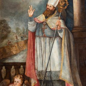 Zdjęcie nr 1: Obraz w kształcie stojącego prostokąta ujęty złoconą ramą dekorowaną motywem plecionki. W centrum kompozycji ukazany stojący, zwrócony w trzech czwartych w prawo św. Erazm. Ukazany jako dojrzały mężczyzna z długą, brązową brodą, ubrany w strój biskupi (alba, rokieta, mucet, kapa, infuła, na szyi pektorał). Święty unosi głowę i prawą rękę ułożoną w geście błogosławieństwa ku górze. W lewym ręku trzyma pastorał. Ponad głową świętego unosi się anioł trzymający palmę męczeństwa. W lewym, dolnym rogu kompozycji przedstawiony siedzący anioł trzymający otwartą księgę z napisem: „S[anctus] Erasmus”. W tle kompozycji, z prawej strony widoczna kolumna z podwieszoną granatową kotarą oraz fragment balustrady (z lewej). Na dalszym planie, w pomniejszonej skali przedstawione sumarycznie postaci na tle rozległego pejzażu.