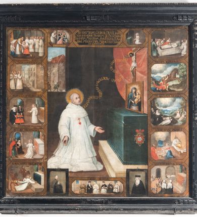 Zdjęcie nr 1: Obraz w kształcie leżącego prostokąta zbliżonego do kwadratu z przedstawieniem bł. Michała Giedroycia. Kompozycja podzielona na pole główne oraz dwanaście okalających je scen ukazujących wątki z życia błogosławionego oraz jego cuda, ujęte w złote ramki w kształcie prostokątów o ściętych narożach. Centralne przedstawienie ukazuje bł. Michała Giedroycia, klęczącego przed ołtarzem, zwróconego trzy czwarte w lewo z rozłożonymi szeroko na boki rękami. Twarz podłużna z delikatnym zarostem, wokół głowy, złoty i kolisty nimb. Błogosławiony ubrany jest w biały habit, udrapowany w gęste, pionowe fałdy, u dołu rozłożony na podłodze. Na ramionach ma pelerynę z kapturem, a na piersi czerwone serce z krzyżem - godło zakonu marków. Po prawej stronie obrazu znajduje się krucyfiks i obraz Matki Boskiej, ustawione na ciemnozielonym, prostopadłościennym ołtarzu, który stoi na niskim, szarym, dwustopniowym cokole. Na prawym boku ołtarza znajduje się  kartusz, zwieńczony mitrą książęcą z herbem Poraj w polu na czerwonym tle. Z ust Chrystusa na krucyfiksie biegnie złoty napis zawijający się na kształt banderoli: „MICHAEL ESTO PATIENS VSQ[?] AD MORTEM ET HABEBIS CORONAM VITAE”. Wnętrze, w którym usytuowana jest scena ma kolor ciemnobrunatny, po prawej stronie wisi czerwona kotara, a po lewej jest otwór okienny z miejskim widokiem, przedstawiający pożar i uciekających ludzi z dobytkiem. Nad sceną główną znajduje się inskrypcja w polu o kształcie leżącego prostokąta ze ściętymi narożami: „BEATVS MICHAEL GIEDROYC DVX LITHA / ORDINIS CANONICI FRATRVM DE PAENITENTIA / BEATORVM MARTIRVM SVB REGVLA D. AVG/STINI MILITANTIVM MIRACVLIS CLARVS / ET GLORIOSVS.” Po bokach inskrypcji widoczne są dwie sceny. Po lewej stronie wyrzucenie złego ducha z opętanej Katarzyny Rybitiwki vel Rybarki, mieszczki z ul. Wiślnej: „OBSSESAM A DEMONIO LIBERAVIT”, a po prawej bł. Michał Giedroyć klęczy przed krucyfiksem wymierzając sobie razy dyscypliną: „DISCIPLINAM AGIT”. 

Wokół pola głównego rozmieszczone są poszczególne sceny z życia błogosławionego, opatrzone w górnych częściach ramek inskrypcjami. Od góry, po lewej stronie: przyjęcie habitu zakonnego przez Michała Giedroycia w klasztorze w Bystrzycy, opisana u góry napisem: „SVSCIPIT HABITVM”; pod spodem scena gaszenia pożaru kamienicy Śmieszkowskiej, naprzeciw kościoła św. Marka przez błogosławionego : „INCĒDIVM MAGNVM MITIGAVIT”. Kolejne przedstawienie ukazuje bł. Giedroycia przepowiadającego przyszłość dwóm chłopcom, przyprowadzonym przez rodziców  (jeden z nich miał zostać złoczyńcą, drugi księdzem): „PROPHETIA DE DVOBVS FILLIS”. Następnie scena ukazuje przepowiadanie przyszłości mężczyźnie i kobiecie, scenie towarzyszy napis: „FVTVRA PRAENVNCIAT”. Kolejna to nękanie bł. Michała Giedroycia przez dwa demony w czasie modlitwy: „A DAEMONIBVS VEREERATVR”. Cykl z prawej strony obrazu rozpoczyna od góry przedstawienie narady braci zakonnych nad miejscem pochówku bł. Giedroycia: „MAGNO TOTIVS POPVLI CONCVRSV FVNVS B. MICHAELIS […VR]”. Poniżej, kolejna scena ukazuje uratowanie upadającego z konia mężczyzny, której towarzyszy ukazujący się w chmurach Giedroyć, nad przedstawieniem napis: „SANVS REMANSIT”. Następnym przedstawieniem  jest cud uratowanie trzech topiących się mężczyzn za wstawiennictwem bł. Giedroycia: „SVBMERSVM LEVAVIT”. Kolejna scena ukazuje kobietę z omdlałym, przedwcześnie urodzonym dzieckiem na rękach, żonę w połogu i męża, którzy proszą o wstawiennictwo bł. Giedroycia: „ABORTIVM PEPERIT”. Ostatnia scena po tej stronie obrazu przedstawia chorych udających się po pomoc do grobu błogosławionego: „MVLTOS EGROTOS SANAT”. Obraz zawiera również w dolnej partii dwa portrety fundatorów, a pomiędzy nimi wizerunek, który przedstawia sześciu świętych krakowskiego kościoła XV wieku: św. Szymona z Lipnicy (w jasnobrązowym habicie bernardyńskim), św. Jana Kantego ubranego w czarną togę profesorską z białą załogą pod szyją – tzw. pelerynką, następnie bł. Michała Giedroycia w białym habicie kanoników regularnych od pokuty, dalej bł. Stanisława Kazimierczyka w stroju kanonika laterańskiego, sługę Bożego Izajasza Bonera (w ciemnym habicie augustiańskim) i Świętosława Milczącego (w sutannie i komży); u góry napis „FOELIX SECVLVM”, a u dołu data „1624”. Rama obrazu drewniana, malowana na czarno. Wokół astragal, w narożach i w środkowych częściach listew związane tasiemkami wiązki liści; u dołu niski cokół zakończony astragalem, a u góry analogicznie zdobiony rozbudowany gzyms.
