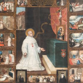 Zdjęcie nr 1: Obraz w kształcie leżącego prostokąta zbliżonego do kwadratu z przedstawieniem bł. Michała Giedroycia. Kompozycja podzielona na pole główne oraz dwanaście okalających je scen ukazujących wątki z życia błogosławionego oraz jego cuda, ujęte w złote ramki w kształcie prostokątów o ściętych narożach. Centralne przedstawienie ukazuje bł. Michała Giedroycia, klęczącego przed ołtarzem, zwróconego trzy czwarte w lewo z rozłożonymi szeroko na boki rękami. Twarz podłużna z delikatnym zarostem, wokół głowy, złoty i kolisty nimb. Błogosławiony ubrany jest w biały habit, udrapowany w gęste, pionowe fałdy, u dołu rozłożony na podłodze. Na ramionach ma pelerynę z kapturem, a na piersi czerwone serce z krzyżem - godło zakonu marków. Po prawej stronie obrazu znajduje się krucyfiks i obraz Matki Boskiej, ustawione na ciemnozielonym, prostopadłościennym ołtarzu, który stoi na niskim, szarym, dwustopniowym cokole. Na prawym boku ołtarza znajduje się  kartusz, zwieńczony mitrą książęcą z herbem Poraj w polu na czerwonym tle. Z ust Chrystusa na krucyfiksie biegnie złoty napis zawijający się na kształt banderoli: „MICHAEL ESTO PATIENS VSQ[?] AD MORTEM ET HABEBIS CORONAM VITAE”. Wnętrze, w którym usytuowana jest scena ma kolor ciemnobrunatny, po prawej stronie wisi czerwona kotara, a po lewej jest otwór okienny z miejskim widokiem, przedstawiający pożar i uciekających ludzi z dobytkiem. Nad sceną główną znajduje się inskrypcja w polu o kształcie leżącego prostokąta ze ściętymi narożami: „BEATVS MICHAEL GIEDROYC DVX LITHA / ORDINIS CANONICI FRATRVM DE PAENITENTIA / BEATORVM MARTIRVM SVB REGVLA D. AVG/STINI MILITANTIVM MIRACVLIS CLARVS / ET GLORIOSVS.” Po bokach inskrypcji widoczne są dwie sceny. Po lewej stronie wyrzucenie złego ducha z opętanej Katarzyny Rybitiwki vel Rybarki, mieszczki z ul. Wiślnej: „OBSSESAM A DEMONIO LIBERAVIT”, a po prawej bł. Michał Giedroyć klęczy przed krucyfiksem wymierzając sobie razy dyscypliną: „DISCIPLINAM AGIT”. 

Wokół pola głównego rozmieszczone są poszczególne sceny z życia błogosławionego, opatrzone w górnych częściach ramek inskrypcjami. Od góry, po lewej stronie: przyjęcie habitu zakonnego przez Michała Giedroycia w klasztorze w Bystrzycy, opisana u góry napisem: „SVSCIPIT HABITVM”; pod spodem scena gaszenia pożaru kamienicy Śmieszkowskiej, naprzeciw kościoła św. Marka przez błogosławionego : „INCĒDIVM MAGNVM MITIGAVIT”. Kolejne przedstawienie ukazuje bł. Giedroycia przepowiadającego przyszłość dwóm chłopcom, przyprowadzonym przez rodziców  (jeden z nich miał zostać złoczyńcą, drugi księdzem): „PROPHETIA DE DVOBVS FILLIS”. Następnie scena ukazuje przepowiadanie przyszłości mężczyźnie i kobiecie, scenie towarzyszy napis: „FVTVRA PRAENVNCIAT”. Kolejna to nękanie bł. Michała Giedroycia przez dwa demony w czasie modlitwy: „A DAEMONIBVS VEREERATVR”. Cykl z prawej strony obrazu rozpoczyna od góry przedstawienie narady braci zakonnych nad miejscem pochówku bł. Giedroycia: „MAGNO TOTIVS POPVLI CONCVRSV FVNVS B. MICHAELIS […VR]”. Poniżej, kolejna scena ukazuje uratowanie upadającego z konia mężczyzny, której towarzyszy ukazujący się w chmurach Giedroyć, nad przedstawieniem napis: „SANVS REMANSIT”. Następnym przedstawieniem  jest cud uratowanie trzech topiących się mężczyzn za wstawiennictwem bł. Giedroycia: „SVBMERSVM LEVAVIT”. Kolejna scena ukazuje kobietę z omdlałym, przedwcześnie urodzonym dzieckiem na rękach, żonę w połogu i męża, którzy proszą o wstawiennictwo bł. Giedroycia: „ABORTIVM PEPERIT”. Ostatnia scena po tej stronie obrazu przedstawia chorych udających się po pomoc do grobu błogosławionego: „MVLTOS EGROTOS SANAT”. Obraz zawiera również w dolnej partii dwa portrety fundatorów, a pomiędzy nimi wizerunek, który przedstawia sześciu świętych krakowskiego kościoła XV wieku: św. Szymona z Lipnicy (w jasnobrązowym habicie bernardyńskim), św. Jana Kantego ubranego w czarną togę profesorską z białą załogą pod szyją – tzw. pelerynką, następnie bł. Michała Giedroycia w białym habicie kanoników regularnych od pokuty, dalej bł. Stanisława Kazimierczyka w stroju kanonika laterańskiego, sługę Bożego Izajasza Bonera (w ciemnym habicie augustiańskim) i Świętosława Milczącego (w sutannie i komży); u góry napis „FOELIX SECVLVM”, a u dołu data „1624”. Rama obrazu drewniana, malowana na czarno. Wokół astragal, w narożach i w środkowych częściach listew związane tasiemkami wiązki liści; u dołu niski cokół zakończony astragalem, a u góry analogicznie zdobiony rozbudowany gzyms.
