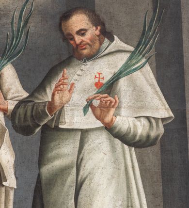 Zdjęcie nr 5: Obraz w kształcie leżącego prostokąta z przedstawieniem trzech świętych męczenników z zakonu kanoników regularnych. W centrum kompozycji ukazani trzej zakonnicy w postawie stojącej. Pośrodku święty ustawiony frontalnie w kontrapoście z prawą nogą ugiętą w kolanie, z rękami na wysokości piersi, w lewej trzyma palmę męczeństwa, głowę ma skierowaną delikatnie w prawą stronę i uniesioną do góry. Twarz młodzieńcza, szeroka z długim nosem, okolona krótkimi i ciemnobrązowymi włosami.  Zakonnik po prawej stronie obrazu zwrócony delikatnie w prawo z lewą nogą ugiętą w kolanie, z głową pochyloną w dół, ręce ugięte w łokciach, w lewej trzyma palmę męczeństwa. Twarz podłużna z długim nosem, okolona delikatnym zarostem i ciemnobrązowymi włosami. Zakonnik po lewej stronie obrazu, zwrócony trzy czwarte w lewo z prawą nogą ugiętą w kolanie, z lewą ręką wyciągniętą w bok w prawej trzyma palmę męczeństwa. Twarz szeroka, okolona bujną i siwą brodą, włosy długie, opadające na plecy. Zakonnicy ubrani w białe habity i płaszcze zakonu kanoników regularnych ozdobione godłem zakonu: czerwonym sercem z krzyżem. Przed świętymi na podłodze leżą skrzyżowane: pałka i miecz. Całość ukazana we wnętrzu architektonicznym, flankowanym po bokach podporami: po prawej dwoma filarami na niskich cokołach, a po lewej kolumną i filarem ustawionymi na wysokich cokołach. Po lewej stronie obrazu, na cokole kolumny inskrypcja: „Tres Servi Christi / Cosacorum Fusti/bus Isti / Cesi. Relliqvias / hic posuere suas”. W tle za świętymi prześwit z pochmurnym niebem, rozświetlony w górnej części. Rama drewniana na cokole flankowana kanelowanymi pilastrami, zwieńczona profilowanym gzymsem, polichromowana na czarno.